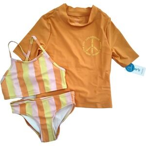 Carter's Girls 8 Swimwear 3pc Bikini Rash Guard Orange Stripe Pink Yellow Peace